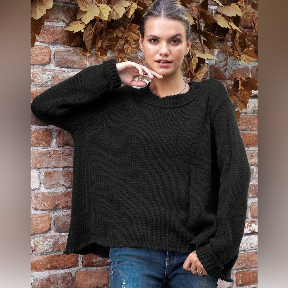 Wooden Ships Oliver Distressed Crew Sweater Black Wool Mohair Blend Size S/M